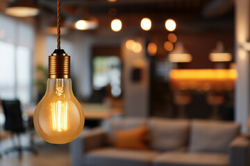 Modern office with warm lighting and stylish decor. Focus on the hated light bulb. Copy space for text