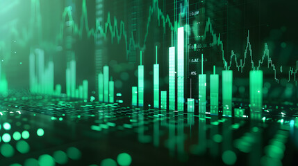 A green financial bar graph and line chart on a dark background, illustrating market trends, data analysis, and economic performance. The image conveys the dynamic nature of financial analytics and te