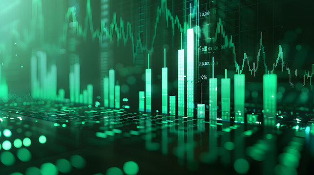 A green financial bar graph and line chart on a dark background, illustrating market trends, data analysis, and economic performance. The image conveys the dynamic nature of financial analytics and te