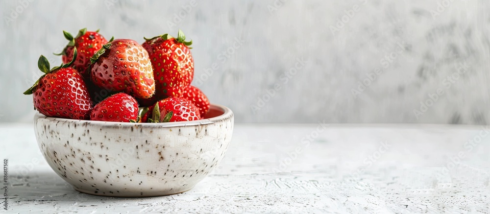 Poster Fresh strawberries piled in a ceramic bowl on a rustic white surface with ample copy space image.