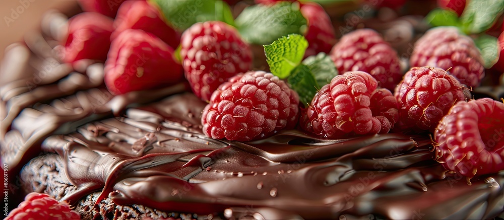 Poster detailed close-up image of a chocolate cake adorned with raspberries and mint, offering room for you