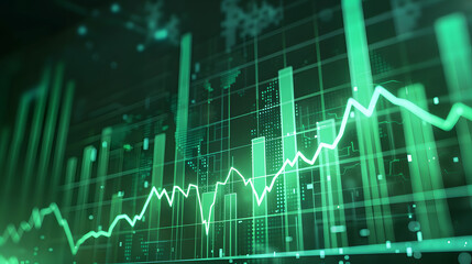 A detailed image of green financial bar and line graphs on a digital interface, illustrating market trends, data analysis, and economic performance. The image represents the dynamic nature of financia