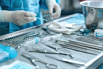 An up-close photo of surgical tools on a table, with an operating room in the background