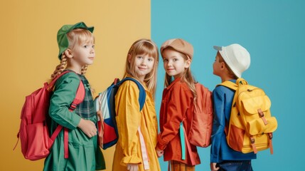 Obraz premium group of children with backpack and different clothes on colorful background