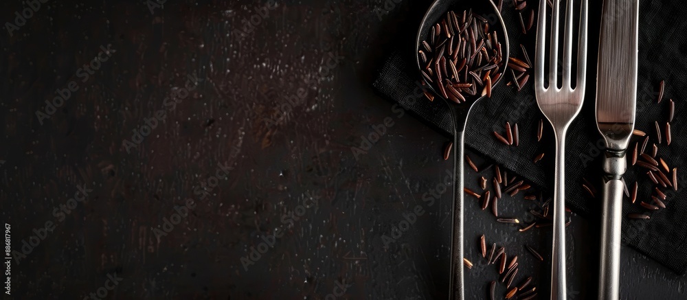 Poster a top-down picture featuring wild black rice on a black background with a fork, providing space for 