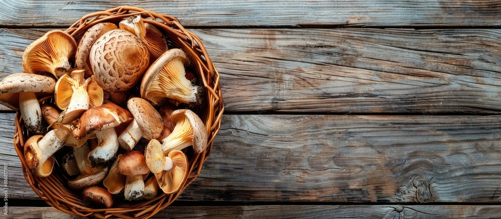 Aufkleber Top view of a basket filled with various mushrooms on a rustic wooden table, allowing for text placement within the image.