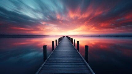 Obraz premium generated illustration of serene long exposure of wooden pier leading into tranquil ocean. with sunrise