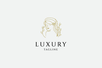 Woman Beauty Logo with Flower decoration in luxury gold linear line art design style suitable for salon, spa, skin care, beauty products and others related to beauty