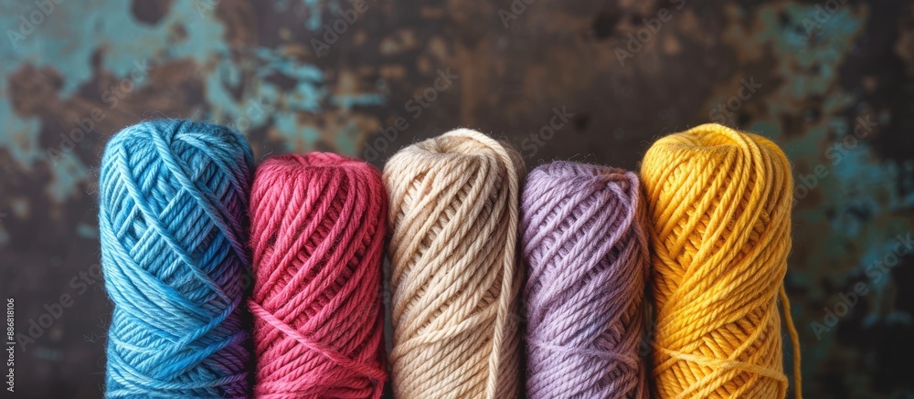 Poster six cotton cord skeins for knitting set against a beautiful background, perfect for needlework proje