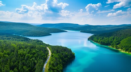 Aerial View of Lake and Forest Landscape with Winding Road