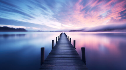 generated illustration of serene long exposure of wooden pier leading into tranquil ocean. with sunrise
