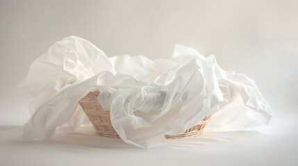 White paper objects in basket on white background in studio with soft box