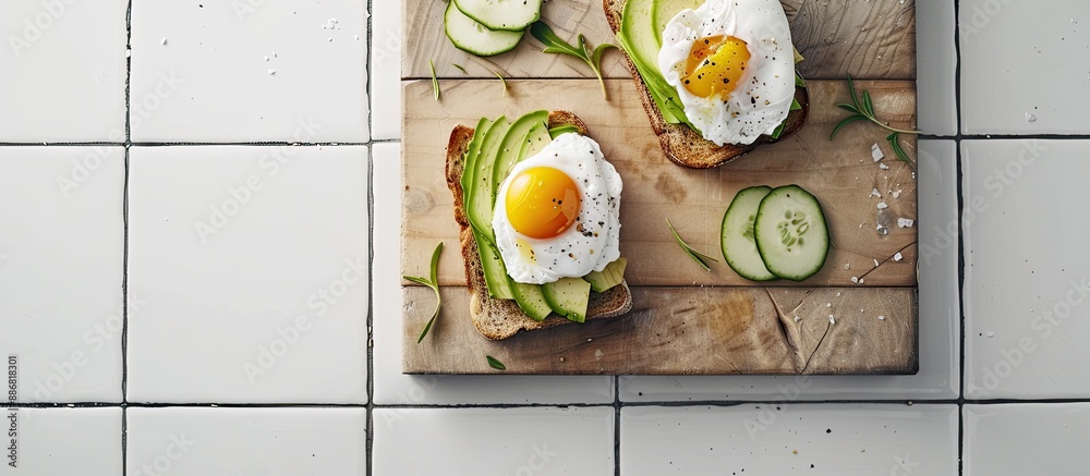 Poster Healthy breakfast concept featuring avocado toast topped with a poached egg on a wooden board set against a white tiled backdrop; shot from above, with ample copy space image available.