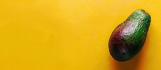 Close-up image of a spoiling avocado on a yellow backdrop, highlighting the concept of unhealthy overripe tropical fruits with room for additional content.