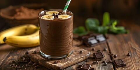 Photo of a chocolate banana smoothie served on a rustic wooden table. Concept food photography, smoothie recipe, healthy eating, rustic decor, wooden table
