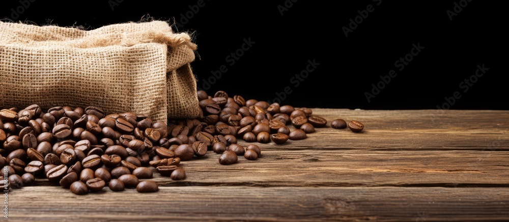 Poster roasted coffee beans in a paper bag on a wooden table with copy space image, used as a textured back