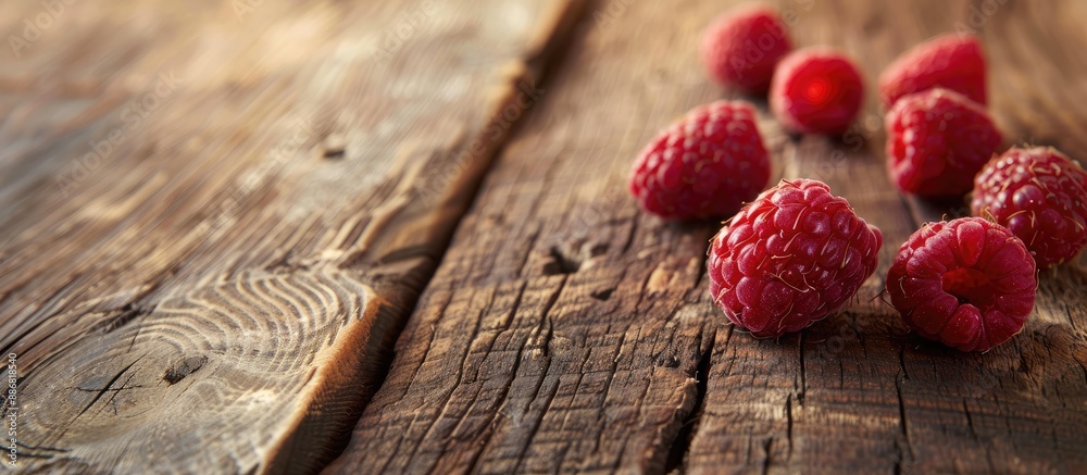 Aufkleber ripe raspberries on a wooden surface with copy space image.