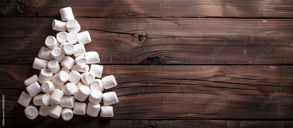 Poster a christmas tree made of marshmallows on a wooden backdrop with room for copy space image.