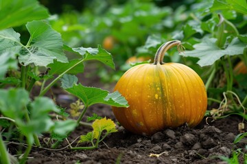 Vibrant orange pumpkin rests on dark soil in outdoor garden. Smooth surface, curved shape contrast with green leaves forming natural backdrop for fall decor and harvest theme.
