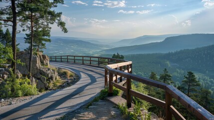A scenic overlook platform on a mountain road offering panoramic views of the valley below.