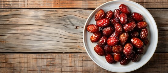 Dates fruit displayed on a white dish atop a wooden surface, perfect for Ramadan and Islamic celebrations, featuring ample copy space image.