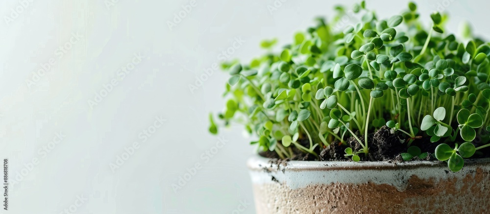 Poster close-up of micro-green pea sprouts in a pot with soil on a white background, perfect for healthy li