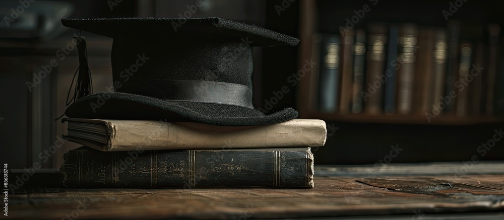 Aufkleber On a dark background, a graduation hat along with books is placed elegantly on a table, creating a visually appealing composition with copy space image.