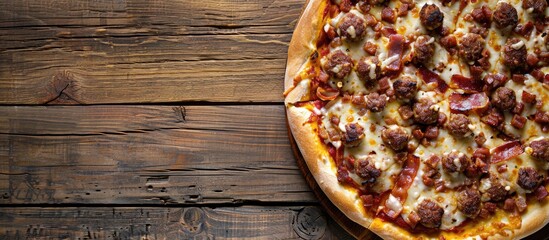 Top view of a homemade meat lovers pizza featuring bacon, sausage, and mozzarella cheese on a wooden table with copy space image.