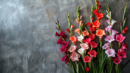 Mixed gladiolus flowers in vibrant colors including red, pink, orange, and white with green stems against a textured gray background, highlighting their diverse and striking beauty.