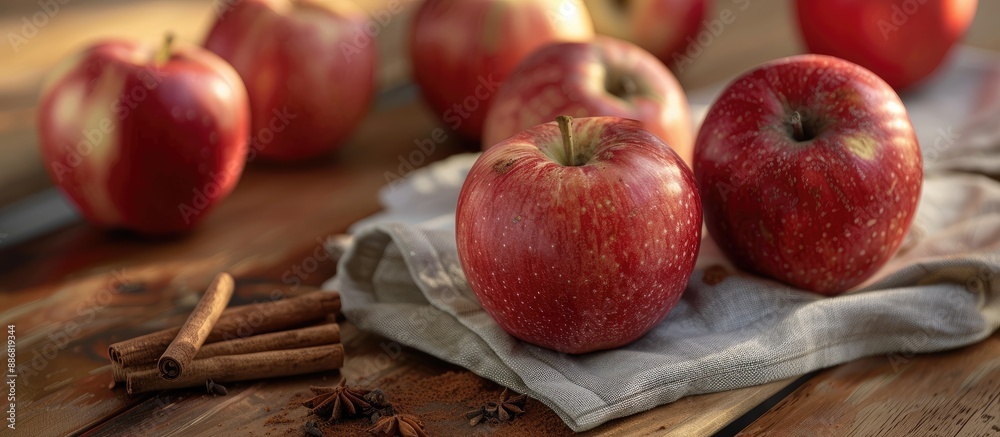 Poster Close-up view of fresh apples on a napkin on a wooden table with cinnamon, offering a visually appealing copy space image.