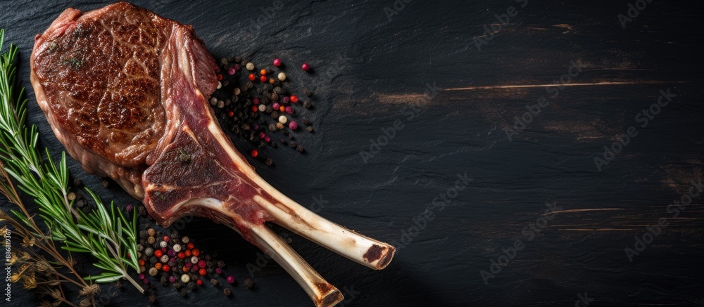 Aufkleber top view of a tomahawk steak on the bone, presented on a black wooden surface with free copy space i