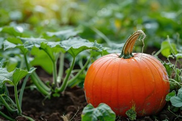 Vibrant orange pumpkin rests on ground in lush green plants and leaves. Bright sunlight casts long shadows adding mystery to scene. Perfect for autumnal or harvest-themed projects.