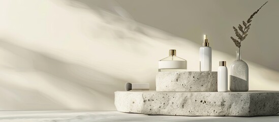 Skin care products displayed on stone podiums against a neutral background with available copy space image, emphasizing the concept of daily skincare.