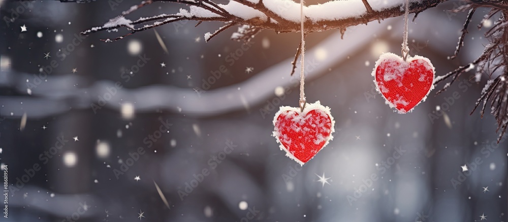 Fototapete a pair of artistic red and white handmade hearts dangle from a snow-covered fir branch in the forest