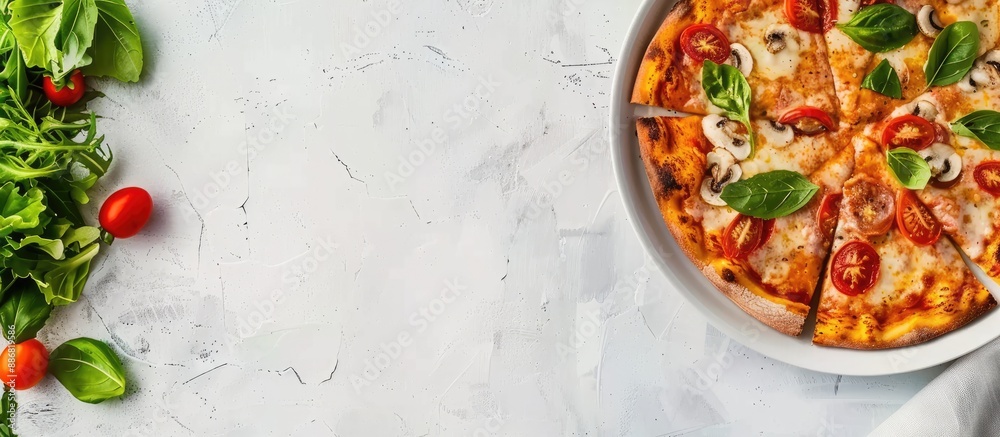 Aufkleber Top-down view of a plate with sliced pizza and salad leaves on a table, serving as a menu concept background with copy space for text.