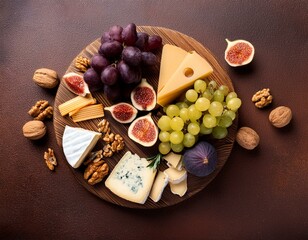 Cheese platter with grapes, nuts, figs on a brown background. Top view. Festive gourmet appetizer...