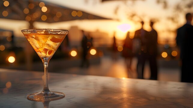 Elegant cocktail glass in a rooftop bar. Blur luxurious atmosphere background give a feeling of relaxation, modern and classy. Make the audience feel like they want to experience that for themselves.