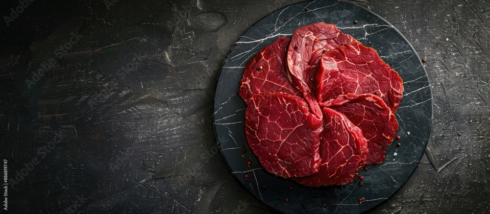 Aufkleber A top view of a raw round roast beef sliced on a marble board with a black background, creating a dramatic copy space image.