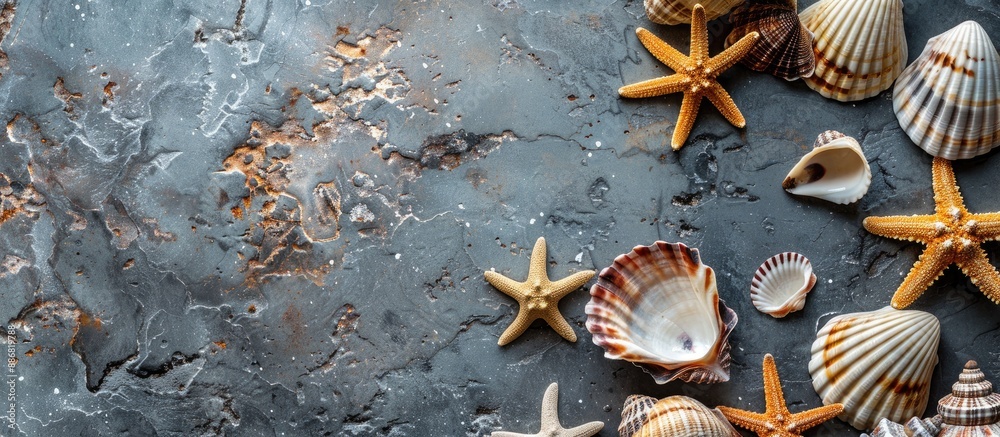 Fototapete Seashells and starfish frame a stone background with a slate area for text or images. Perfect for a sea-themed summer holiday backdrop. Top-down view.