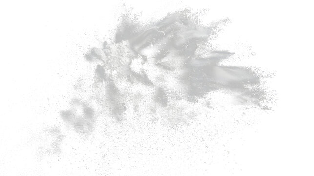 White powder or flour explosion isolated on black background freeze stop motion object design