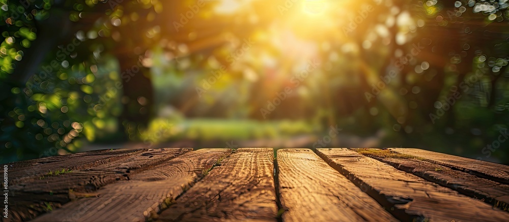 Aufkleber Blurry nature background with a table top setting, creating a copy space image.