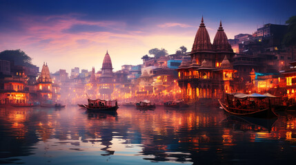 Obraz premium generated illustration of ancient Varanasi city architecture at sunset