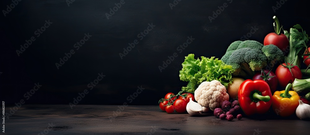 Poster Various vegetables arranged on a table showcasing a trendy vegetarian lifestyle with the possibility of adding text or images on the clear area in the frame - known as a copy space image.