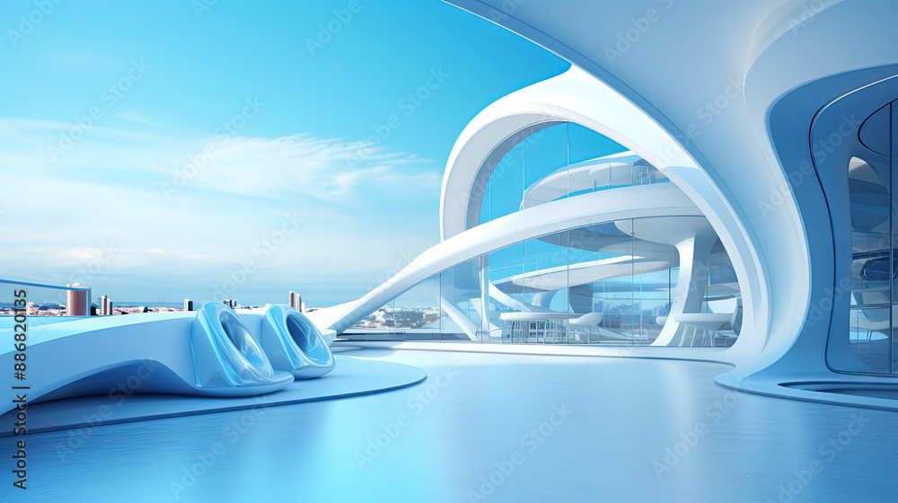 Poster Abstract architecture scene with smooth curves. Abstract background with futuristic building in white and blue colors.
