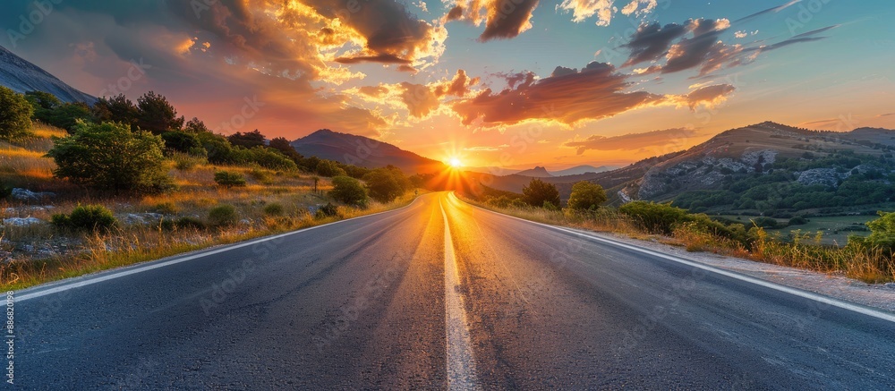 Poster mountain road with a scenic sunset in the background creating a beautiful copy space image.