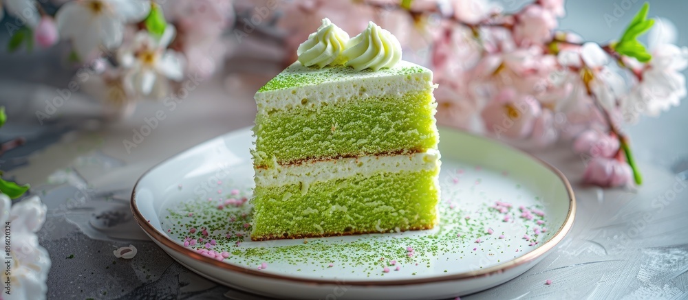 Poster green pandan sponge cake displayed on a white plate with copy space image.