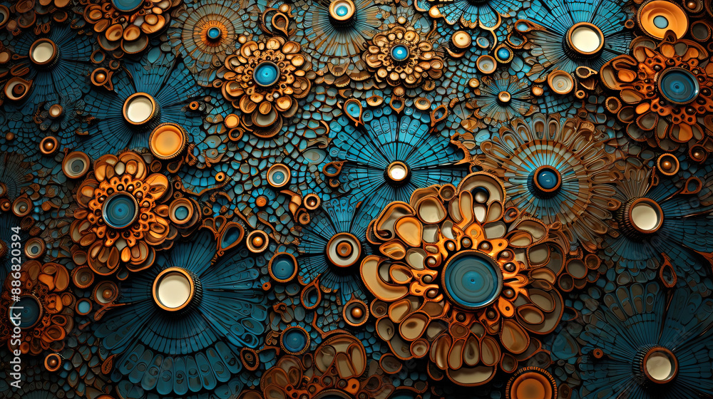 Poster abstract fractal ornament with floral elements and dotted texture.