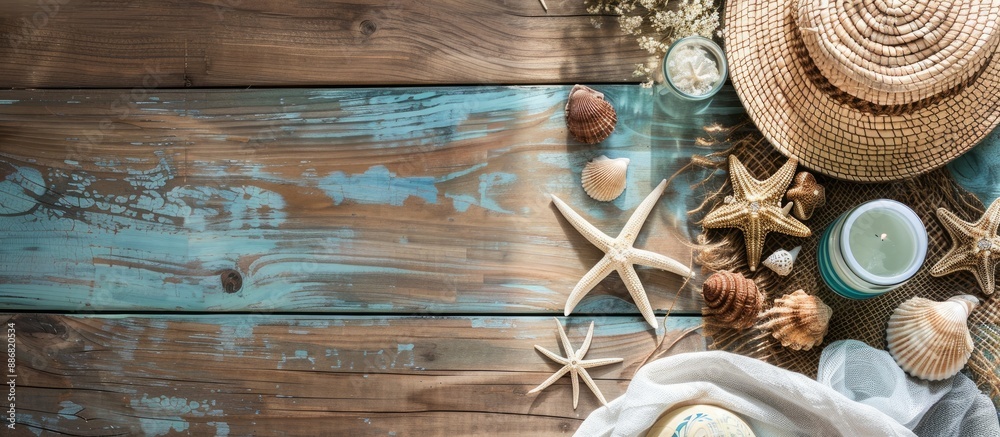 Aufkleber Items for a beach holiday arranged on a wooden table with a view from above, showcasing a serene and inviting atmosphere with copy space image.