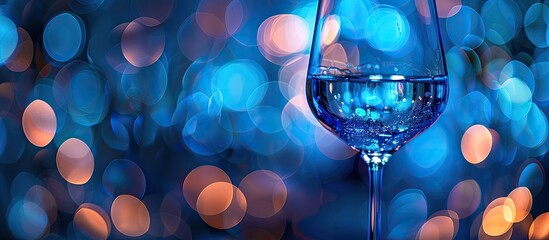 Blue colored circle light bokeh background with a wine glass in the copy space image.