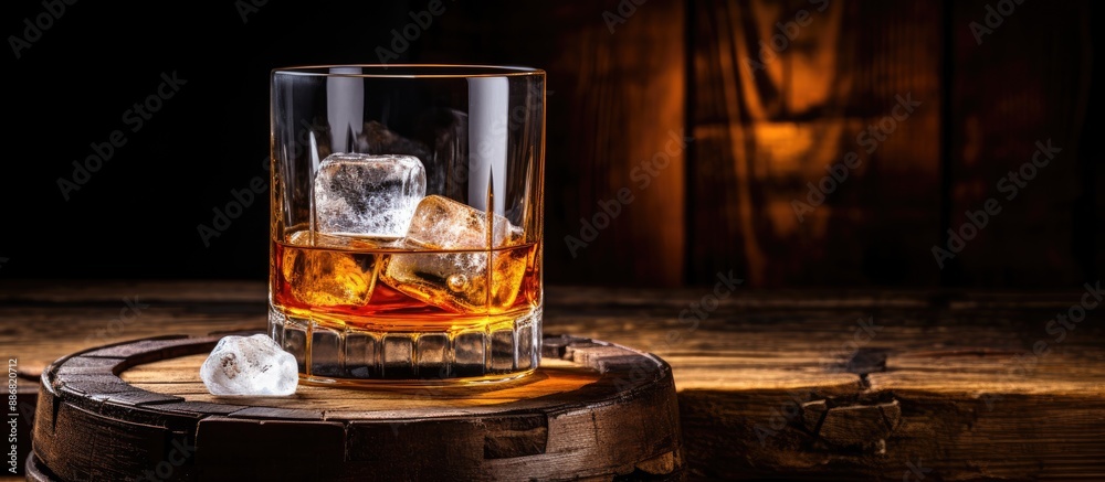 Poster a glass of whiskey with ice on an aged barrel, set against a wooden backdrop with ample copy space i